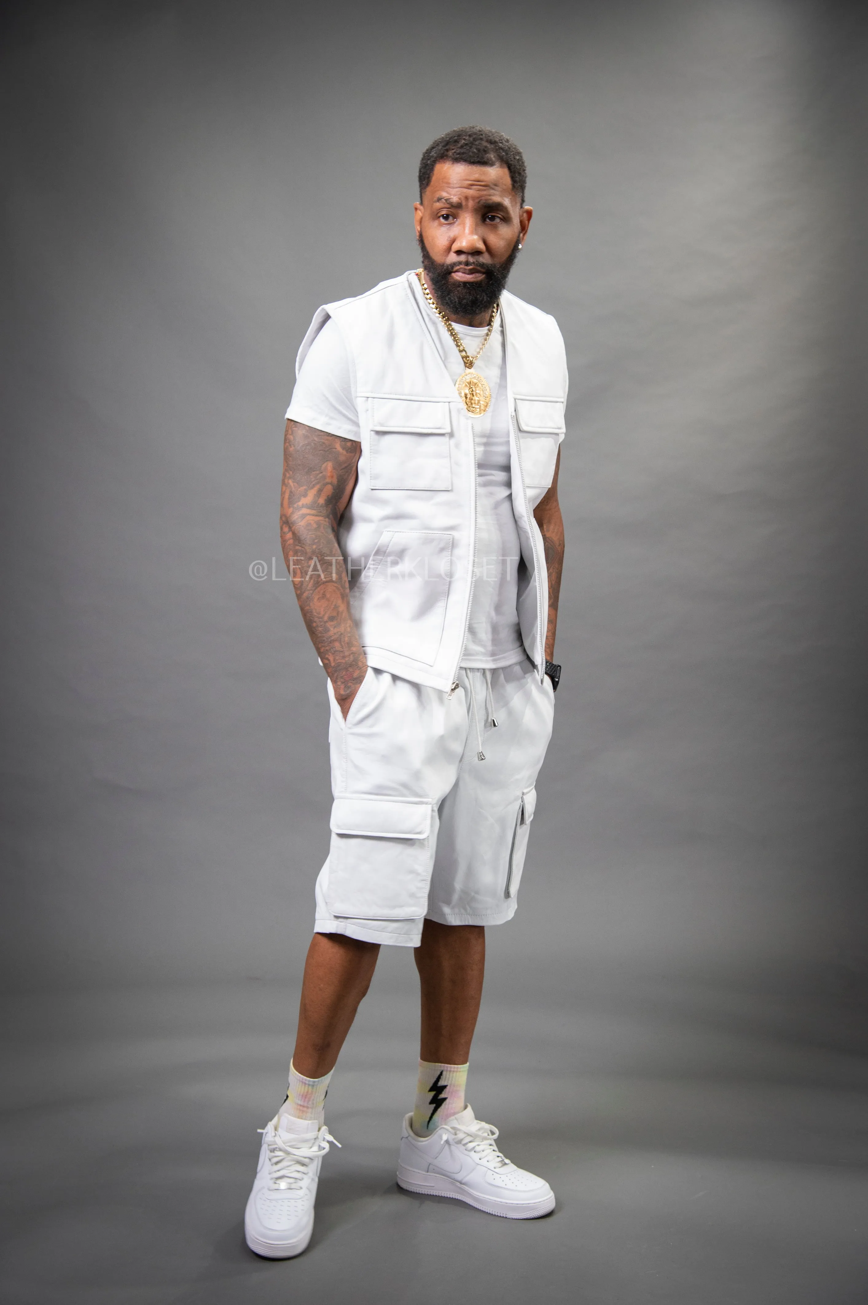 Men's Bless Set Leather Vest & Leather Cargo Shorts [White]