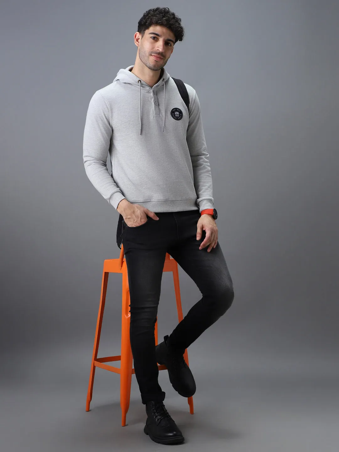 Men's Grey Cotton Solid Button Hooded Neck Sweatshirt