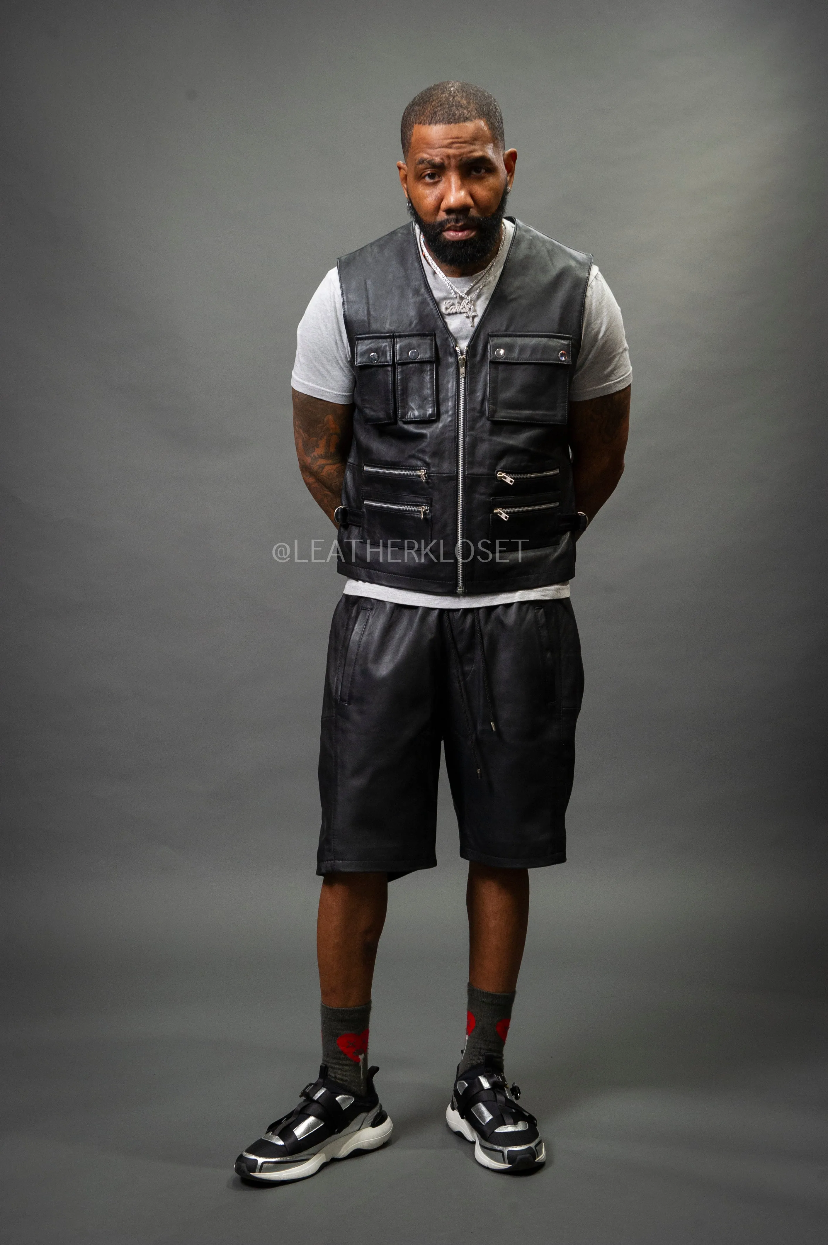 Men's Leather Tactical Vest With Leather Shorts [Black]