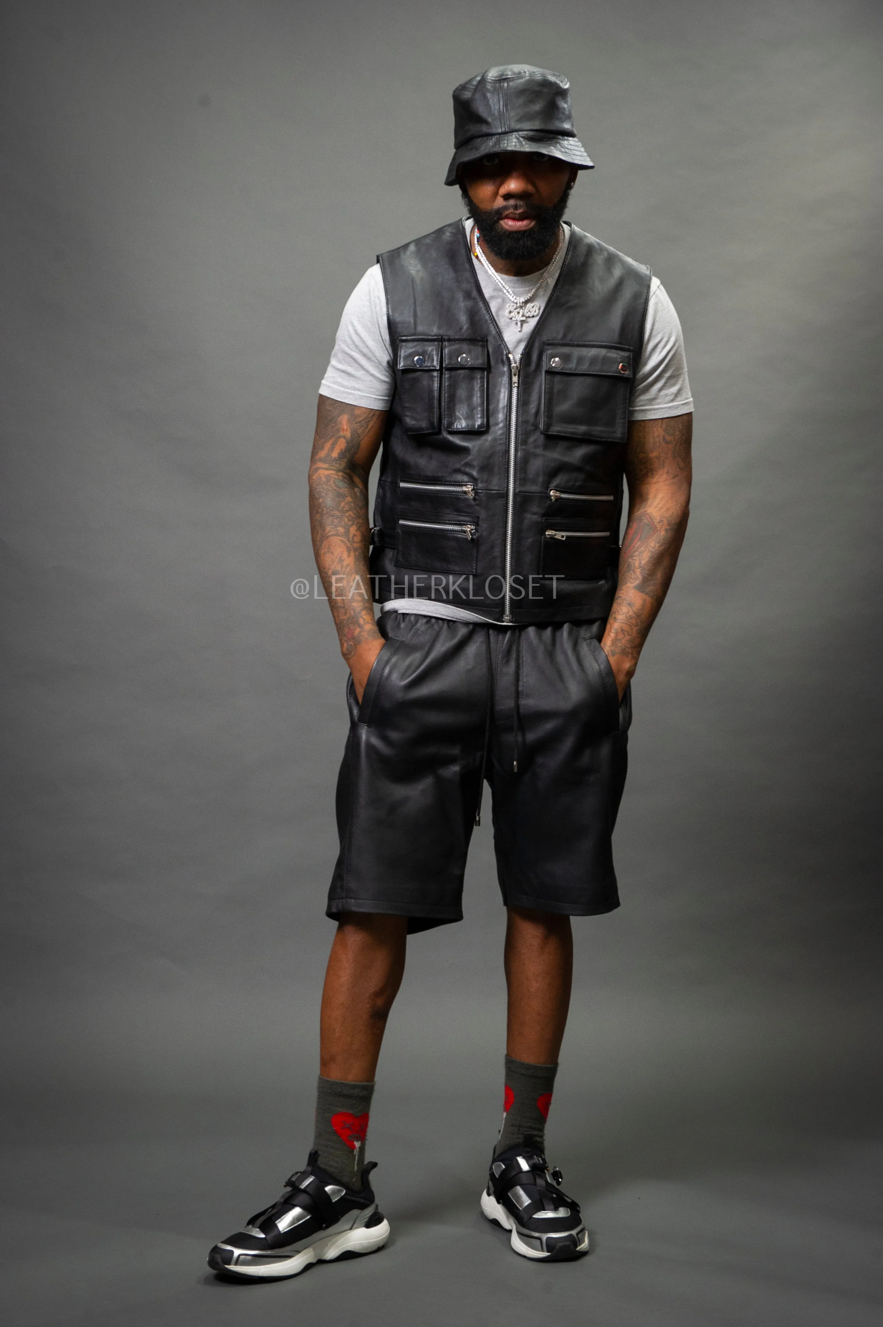 Men's Leather Tactical Vest With Leather Shorts [Black]