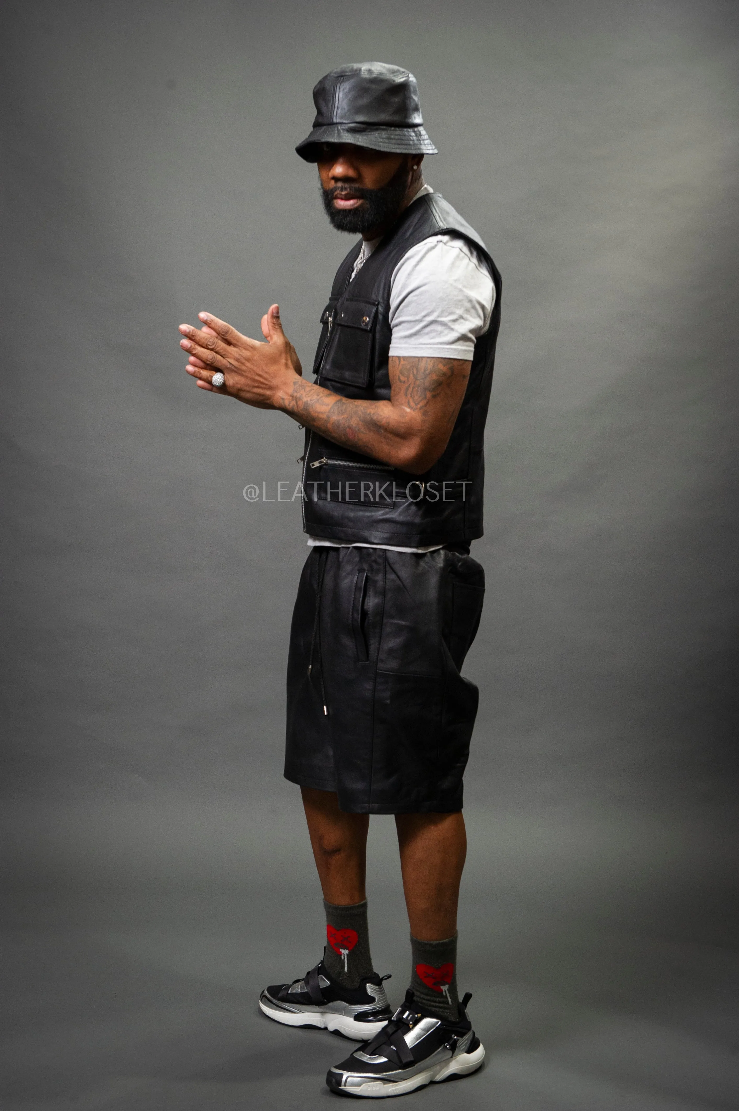 Men's Leather Tactical Vest With Leather Shorts [Black]