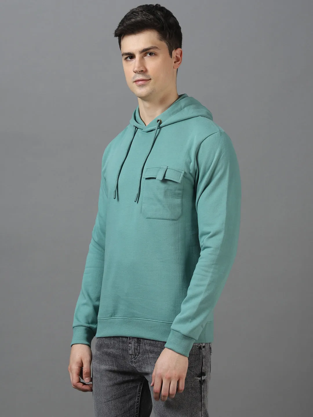 Men's Light Green Cotton Solid Hooded Neck Sweatshirt