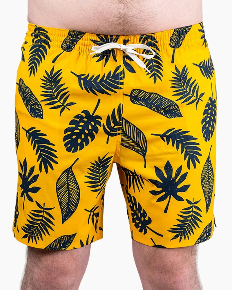 Men's Swim Beach Trunks - Yellow& Black Leaves