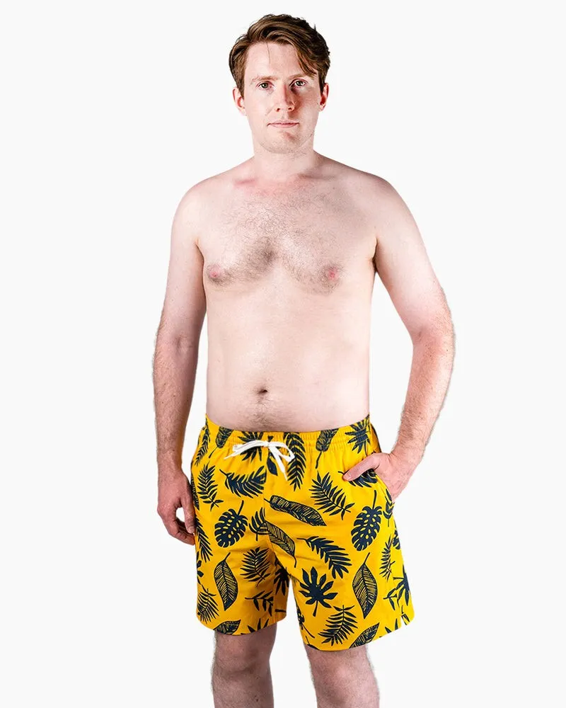 Men's Swim Beach Trunks - Yellow& Black Leaves