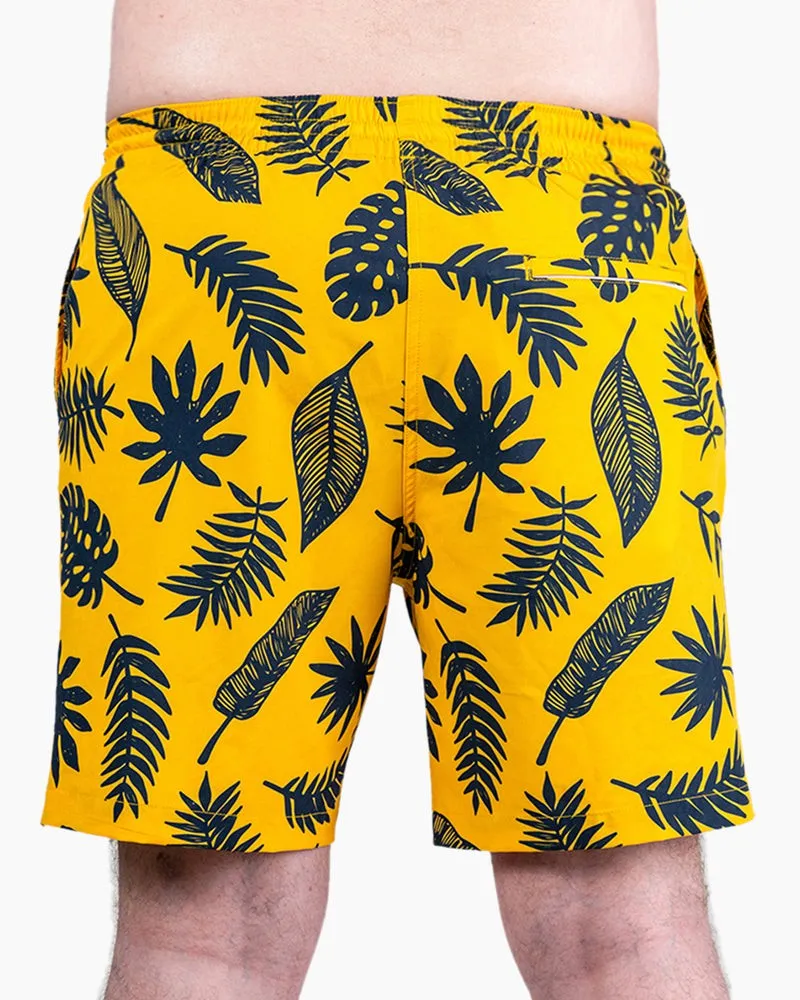 Men's Swim Beach Trunks - Yellow& Black Leaves