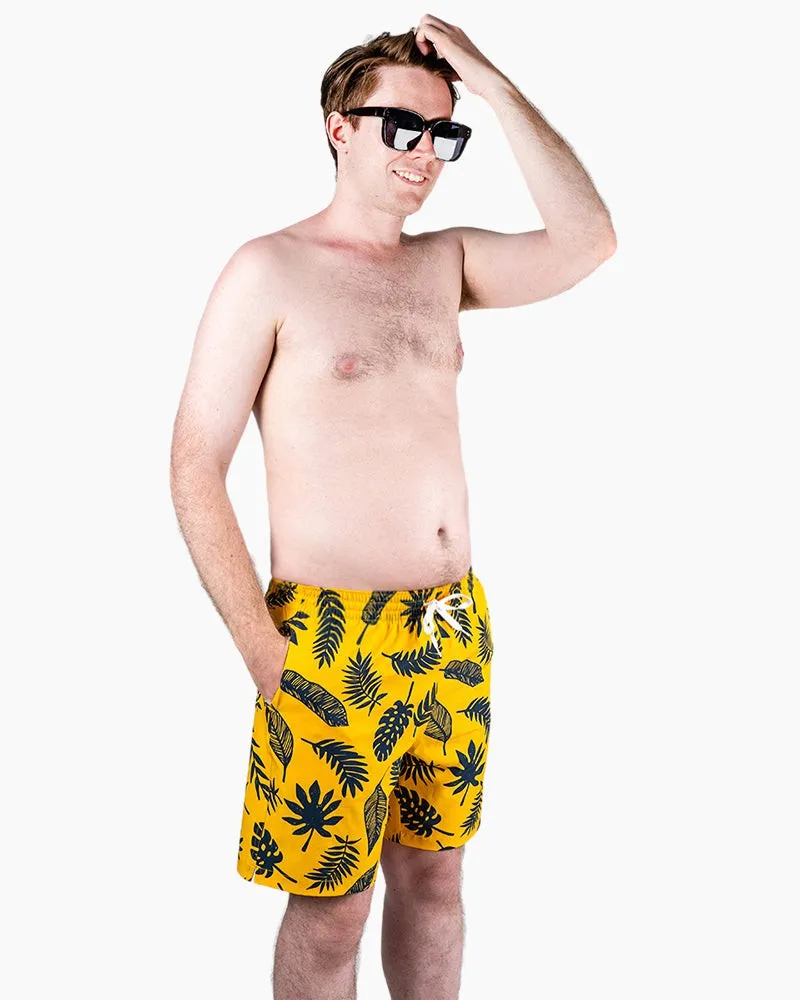 Men's Swim Beach Trunks - Yellow& Black Leaves