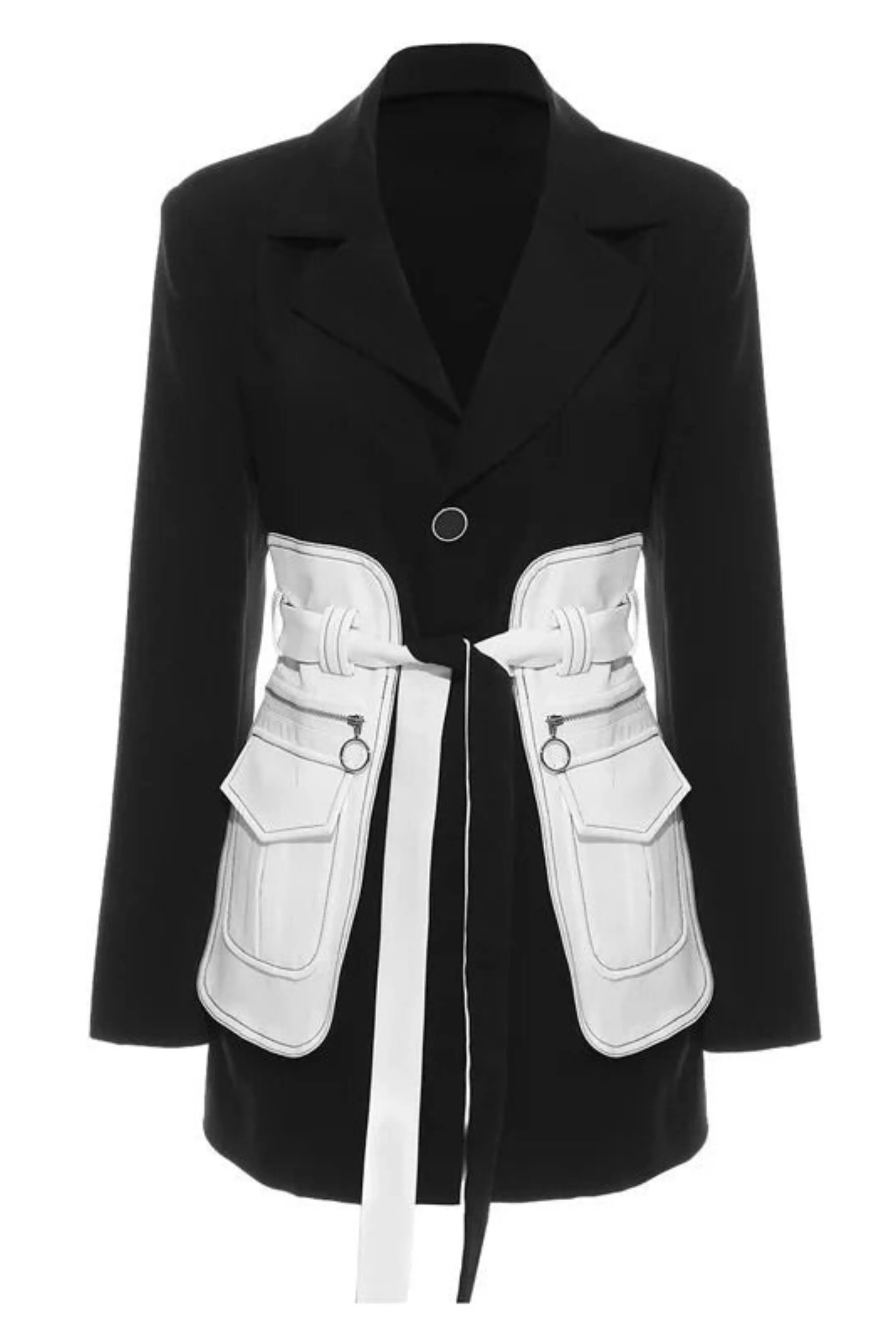 SHANA BLACK & WHITE BELTED BLAZER WITH LARGE POCKETS