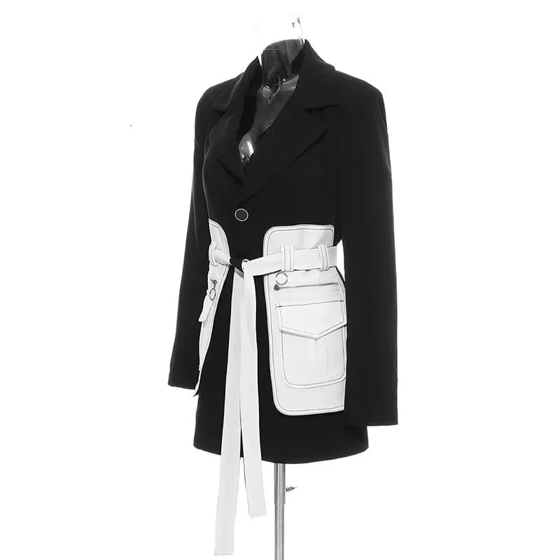 SHANA BLACK & WHITE BELTED BLAZER WITH LARGE POCKETS