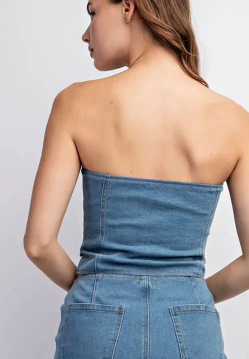 Stretched faded denim tube top