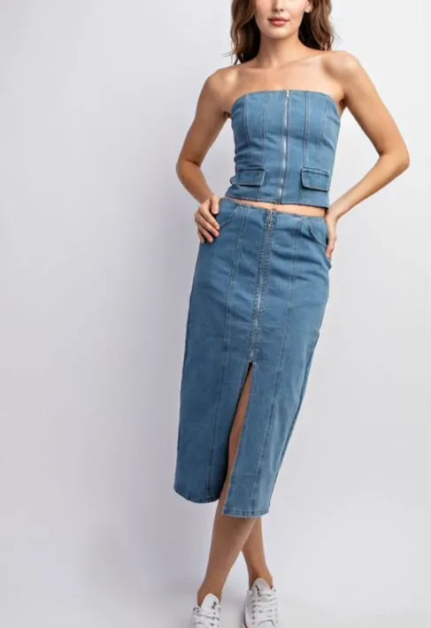 Stretched faded denim tube top