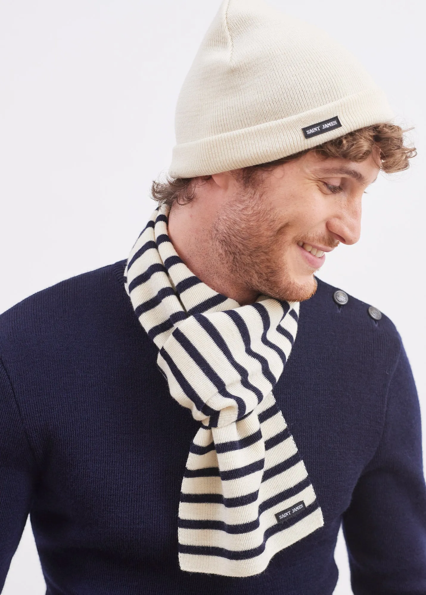 Striped scarf - in pure new wool (ECRU/MARINE)