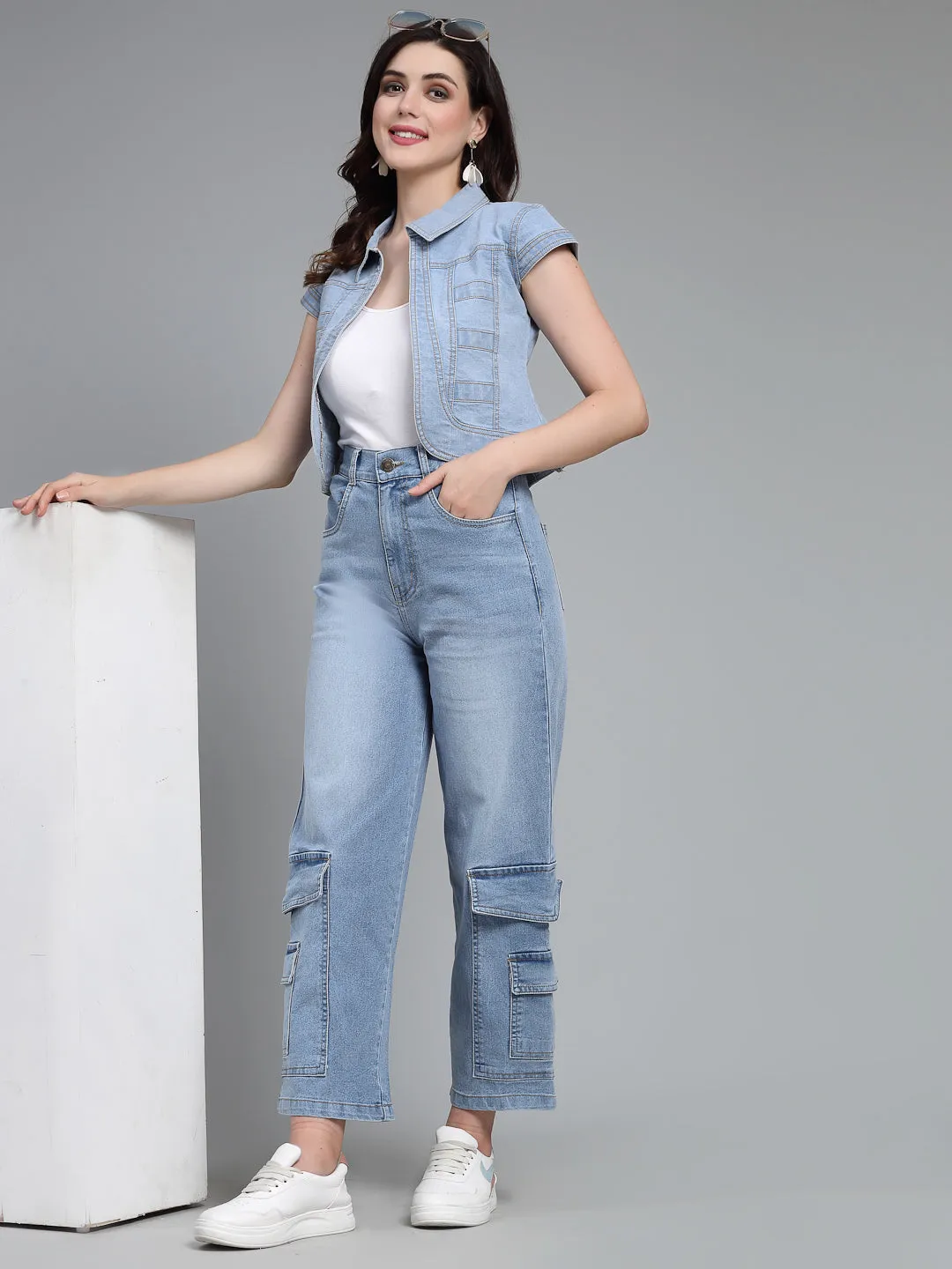 Style Quotient Women Ice Blue Denim Open Front Regular Shrug