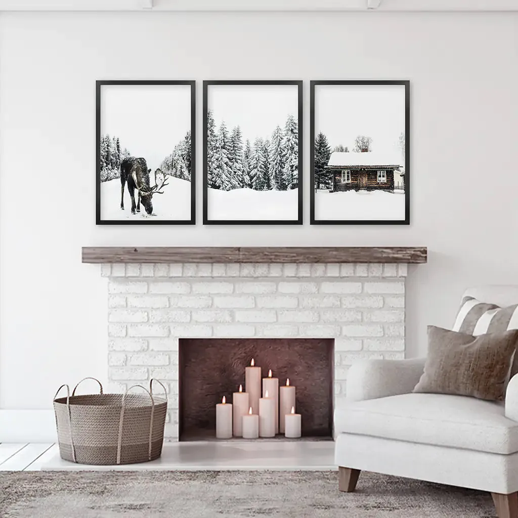 Winter-Themed Triptych with Moose, Log Cabin and Forest