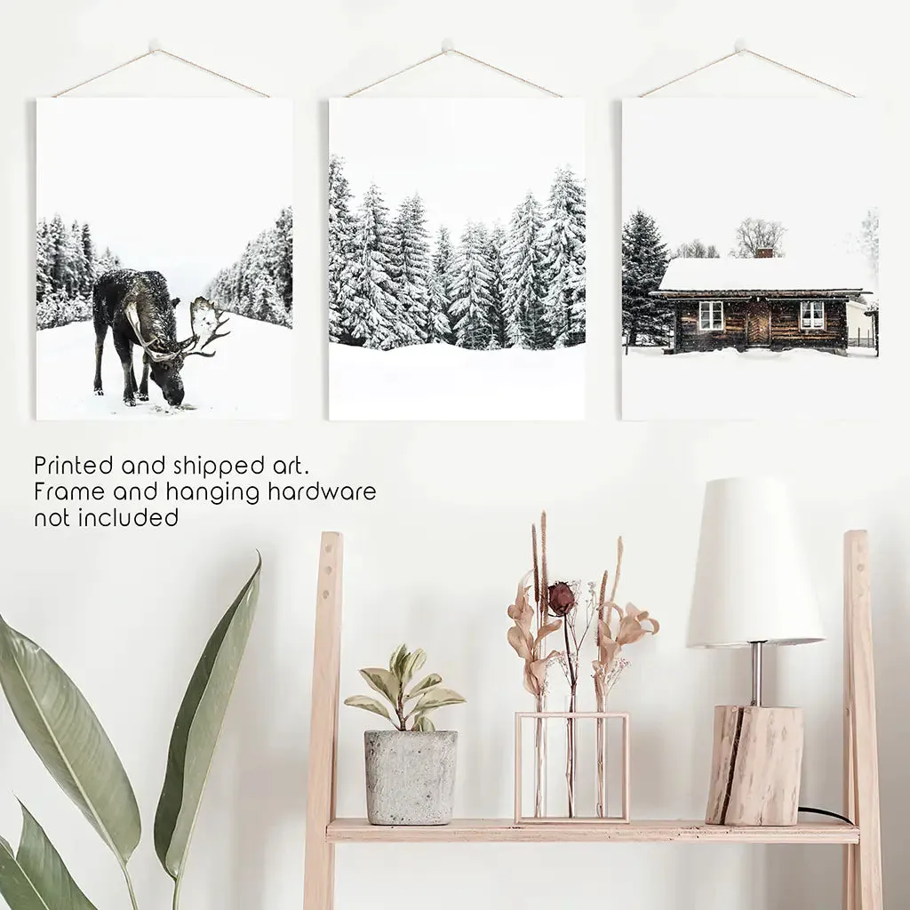 Winter-Themed Triptych with Moose, Log Cabin and Forest