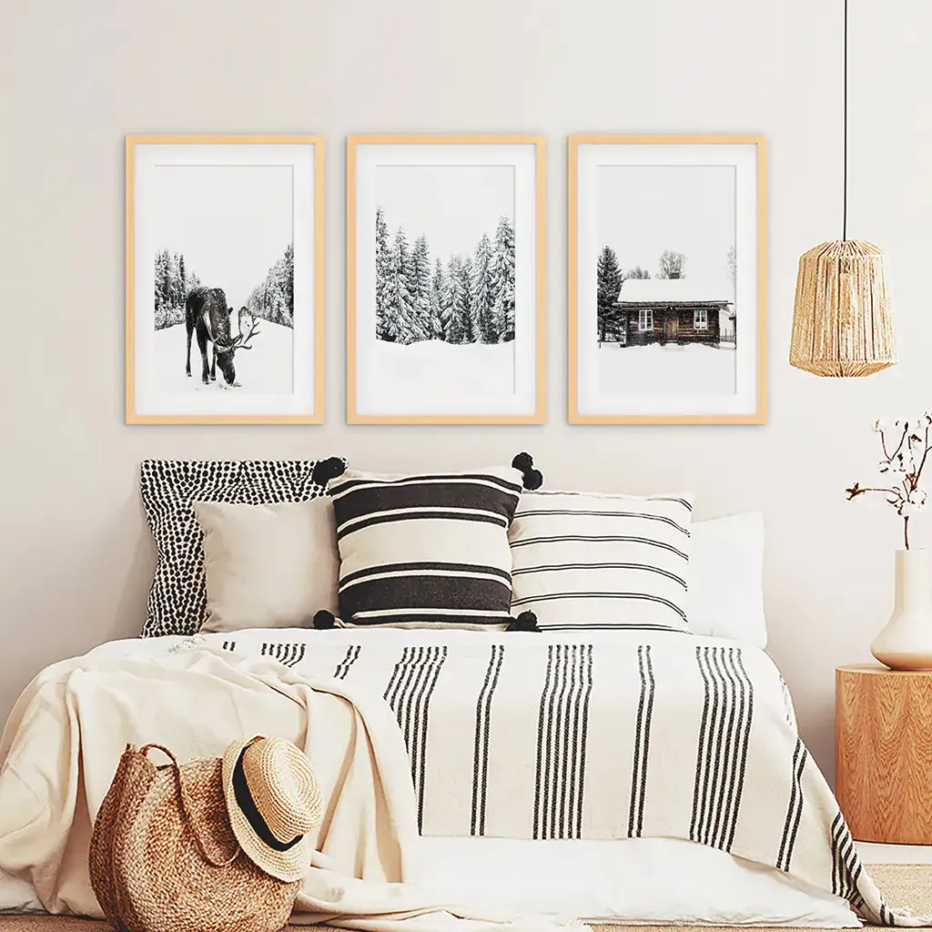 Winter-Themed Triptych with Moose, Log Cabin and Forest