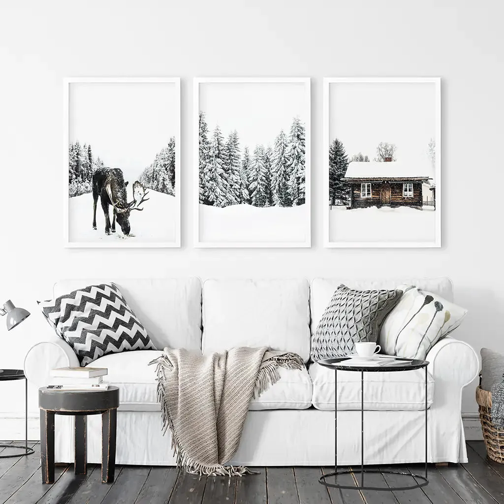 Winter-Themed Triptych with Moose, Log Cabin and Forest