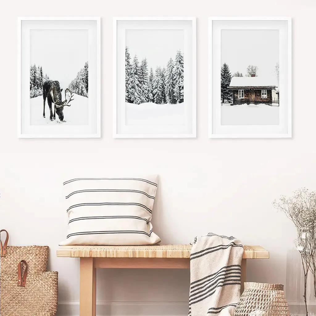 Winter-Themed Triptych with Moose, Log Cabin and Forest