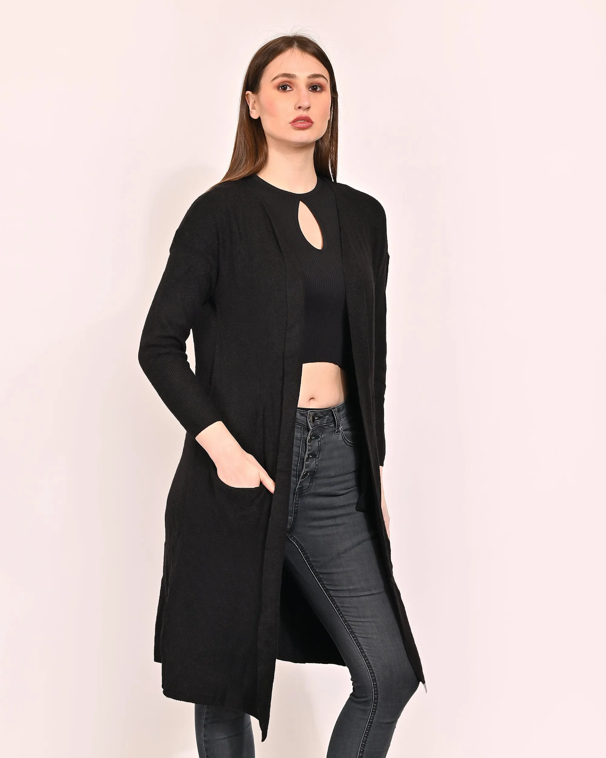 Women Black Polyester Shrug