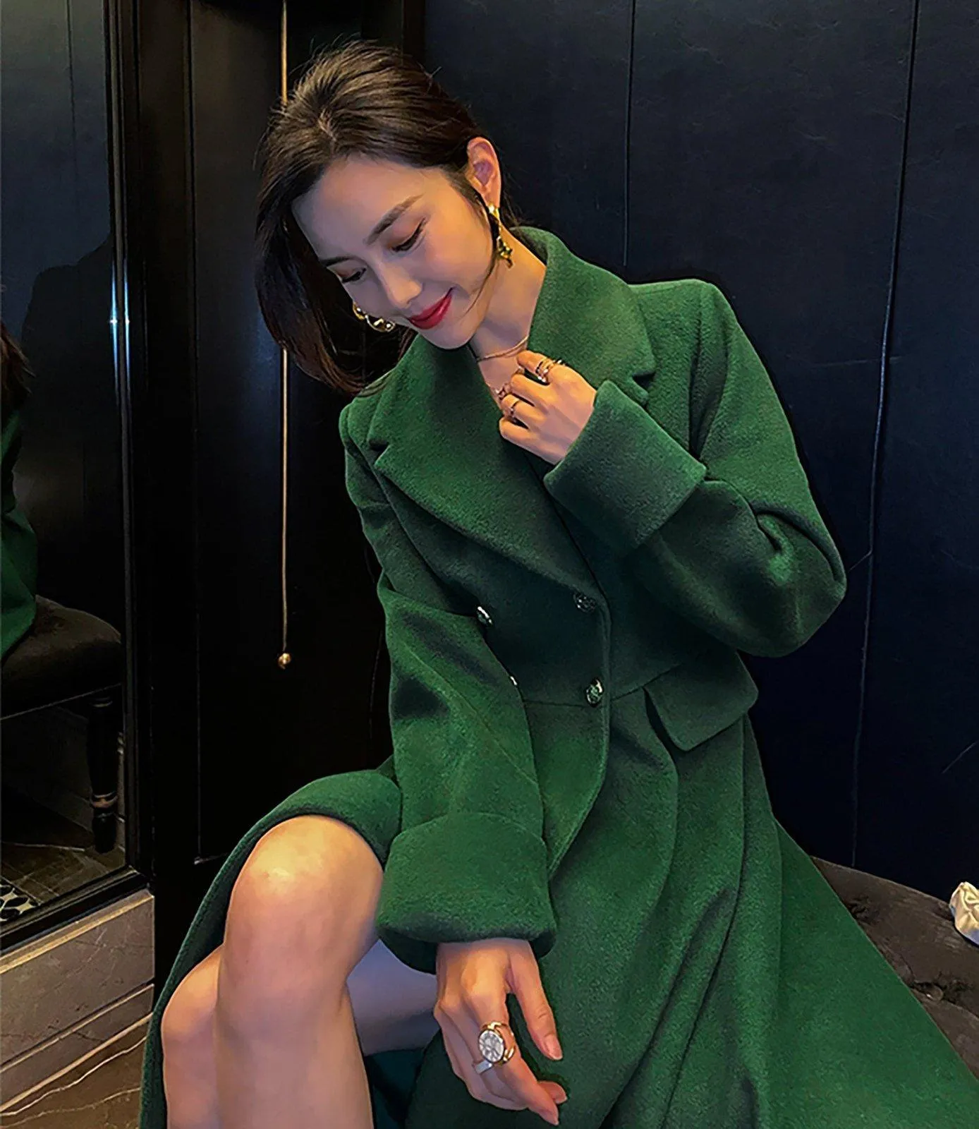 Women Green Wool Long Coat,Thicken Wool Overcoat,Double Breasted Coat,A line Wool Trench Reefer Coat,Warm Winter Coat,Green Long Wool Coat