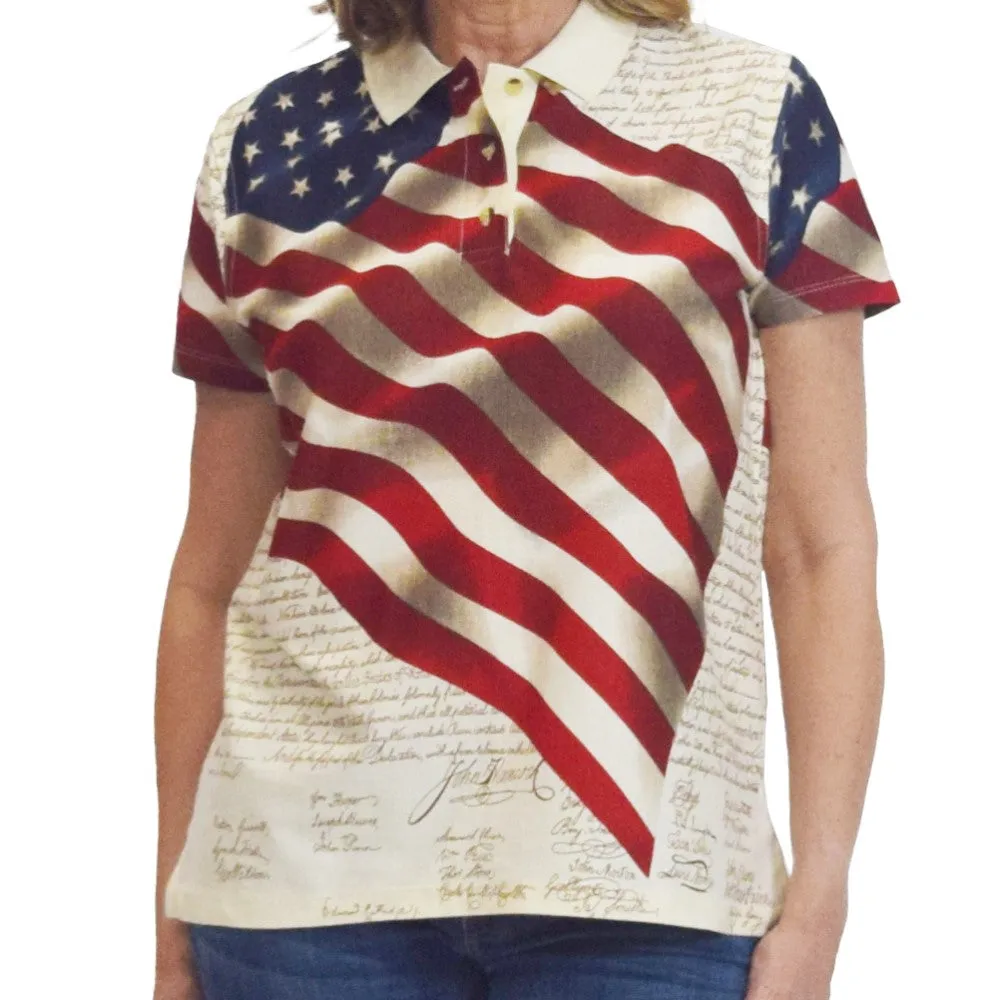 Women's Waving American Flag Polo Shirt